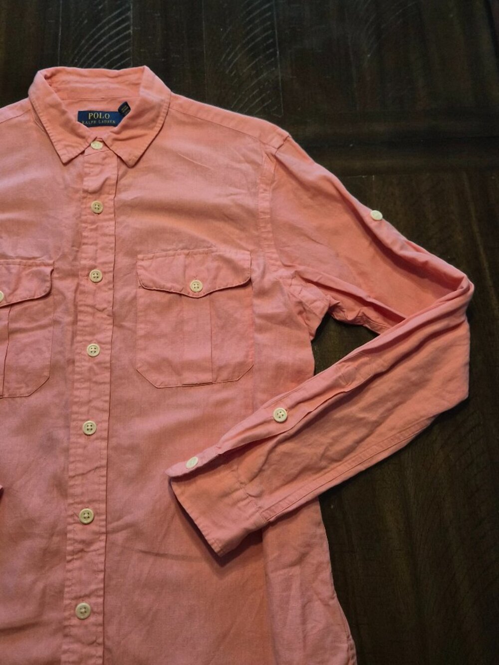 Polo Ralph Lauren Shirt Mens M Pink Linen Silk Blend Long Sleeve Roll Tab G813